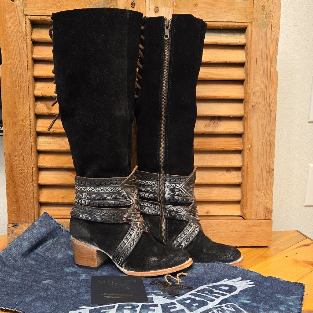 FREEBIRD by Steven Mayan Black Suede Tall Boots, Sz 7